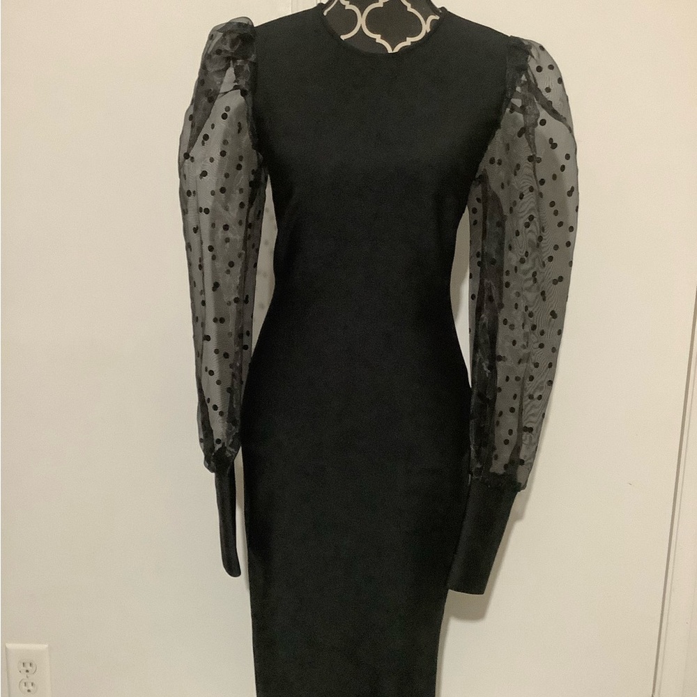 Black Sheath Dress with Bishop Sleeves and Mock Neck